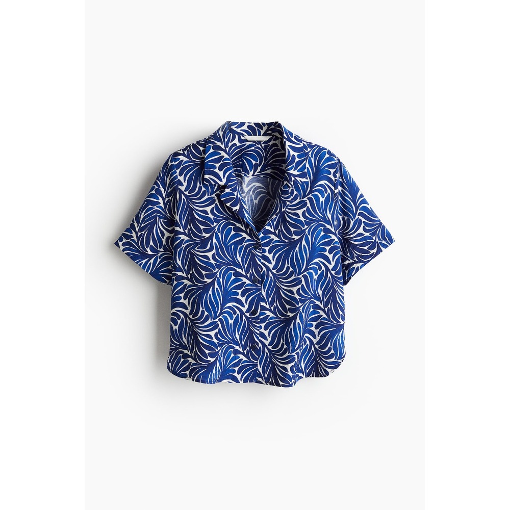 H&M Blue White Abstract Print Short Sleeve Button Down Shirt Viscose Size M